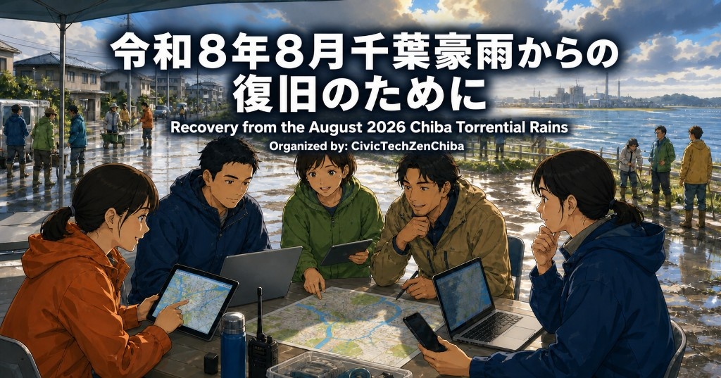 令和8年8月千葉豪雨からの復旧のために。主催：CivicTechZenChiba。地図とパソコンを囲んで復旧を話し合う人たちのイラスト。